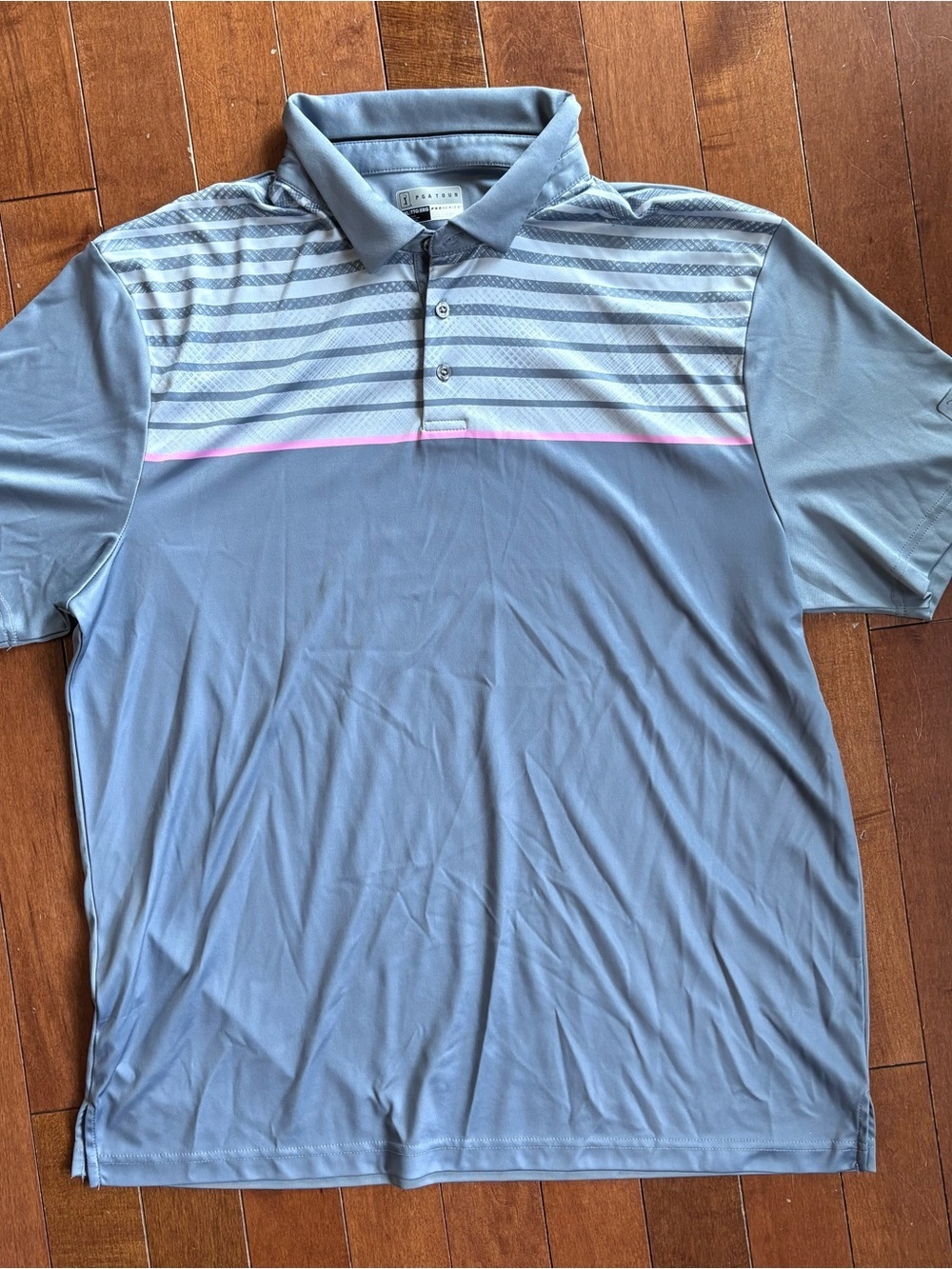 PGA Tour Light Blue Striped Polo with Pink Accent